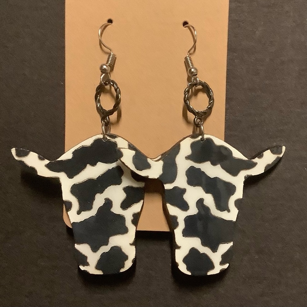 Black and White wooden cow print earrings